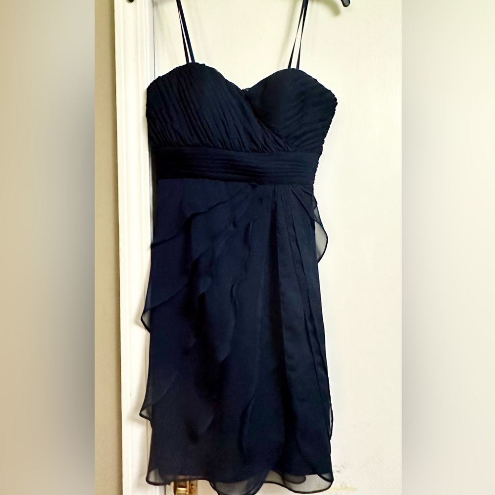 Adrianna Papell Dress Size 4 Navy Blue Sheath Strapless Knee Length Cocktail